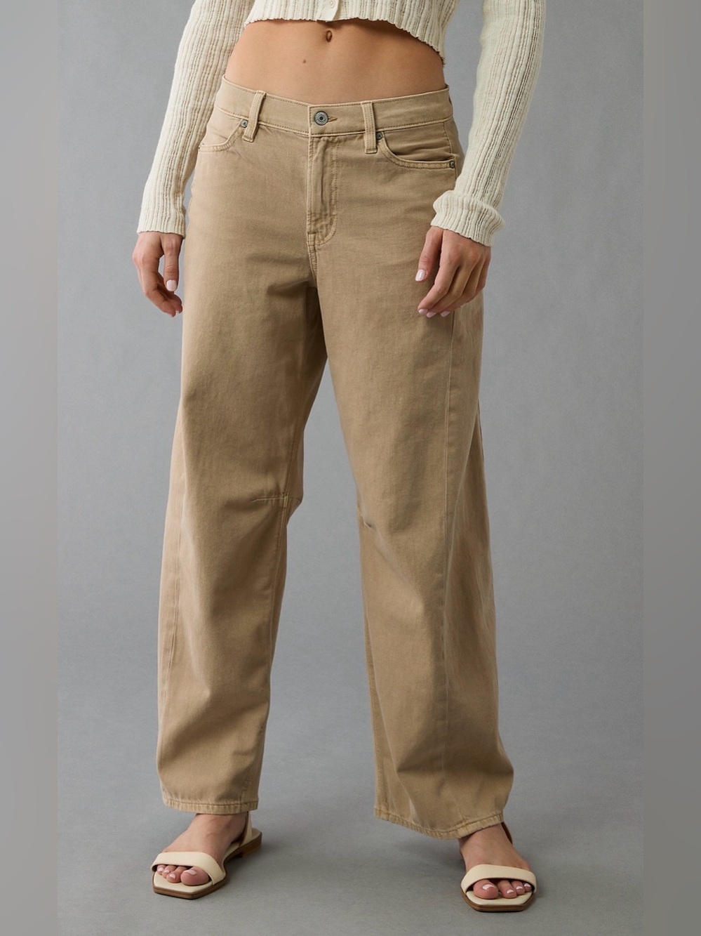 AE77 Premium Barrel Jeans Tan Khaki Denim Size 12
